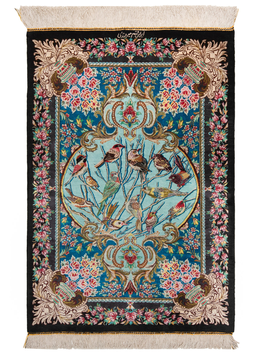 Alfombra persa de seda pura Qom | 88 x 61 cm