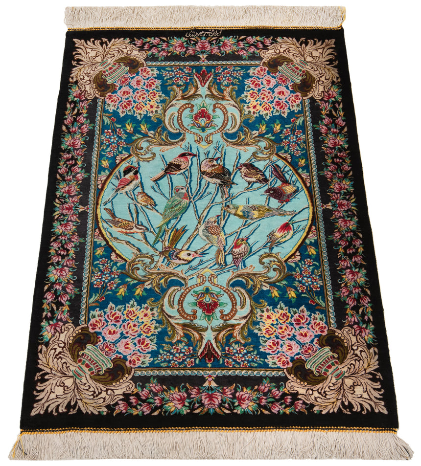 Alfombra persa de seda pura Qom | 88 x 61 cm
