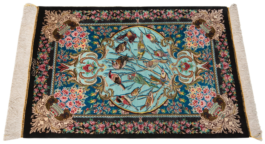 Alfombra persa de seda pura Qom | 88 x 61 cm