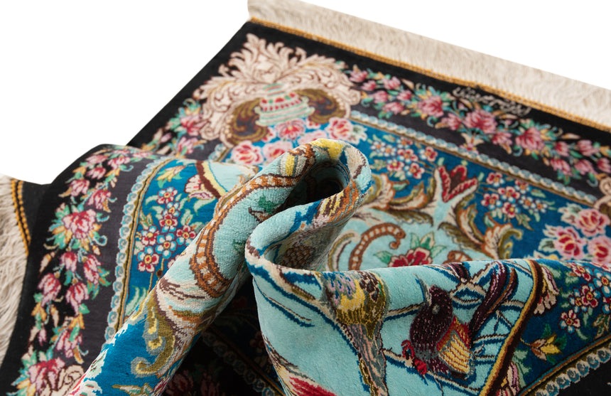 Alfombra persa de seda pura Qom | 88 x 61 cm