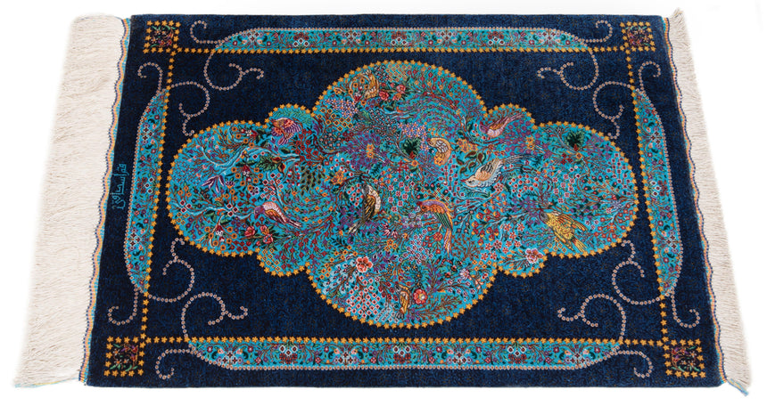 Alfombra persa de seda pura Qom | 86 x 59 cm