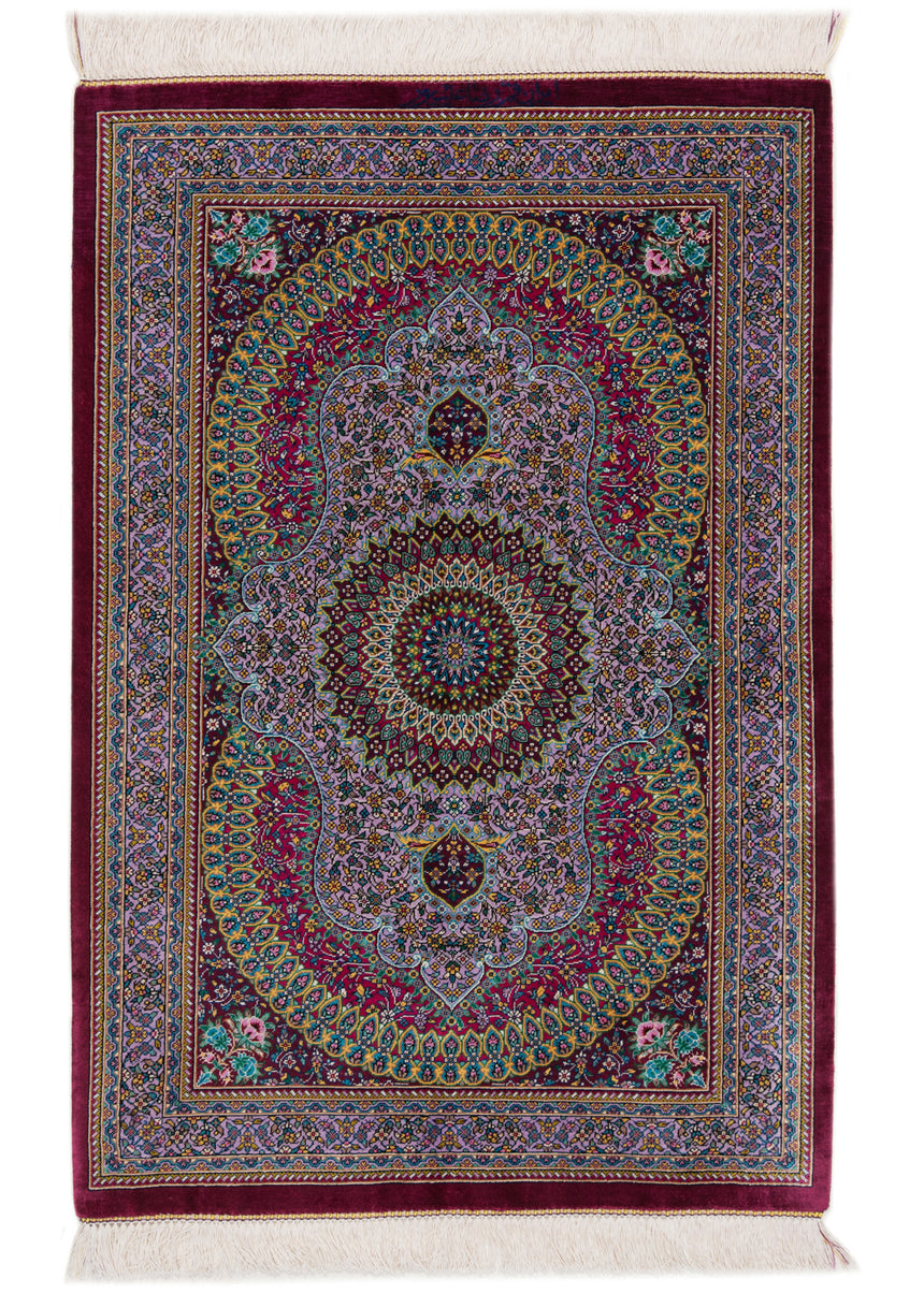 Alfombra persa de seda pura Qom | 88 x 58 cm