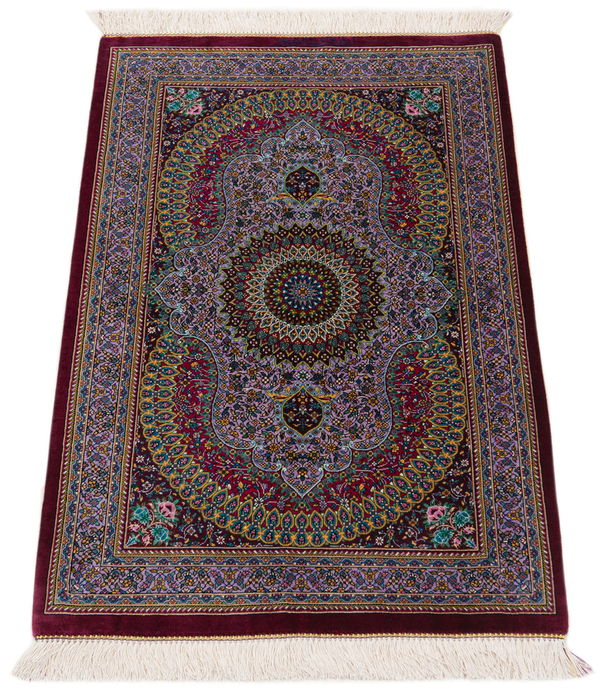 Alfombra persa de seda pura Qom | 88 x 58 cm