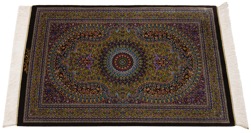 Alfombra persa de seda pura Qom | 89 x 57 cm
