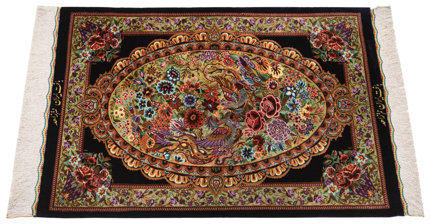 Alfombra persa de seda pura Qom | 89 x 59 cm