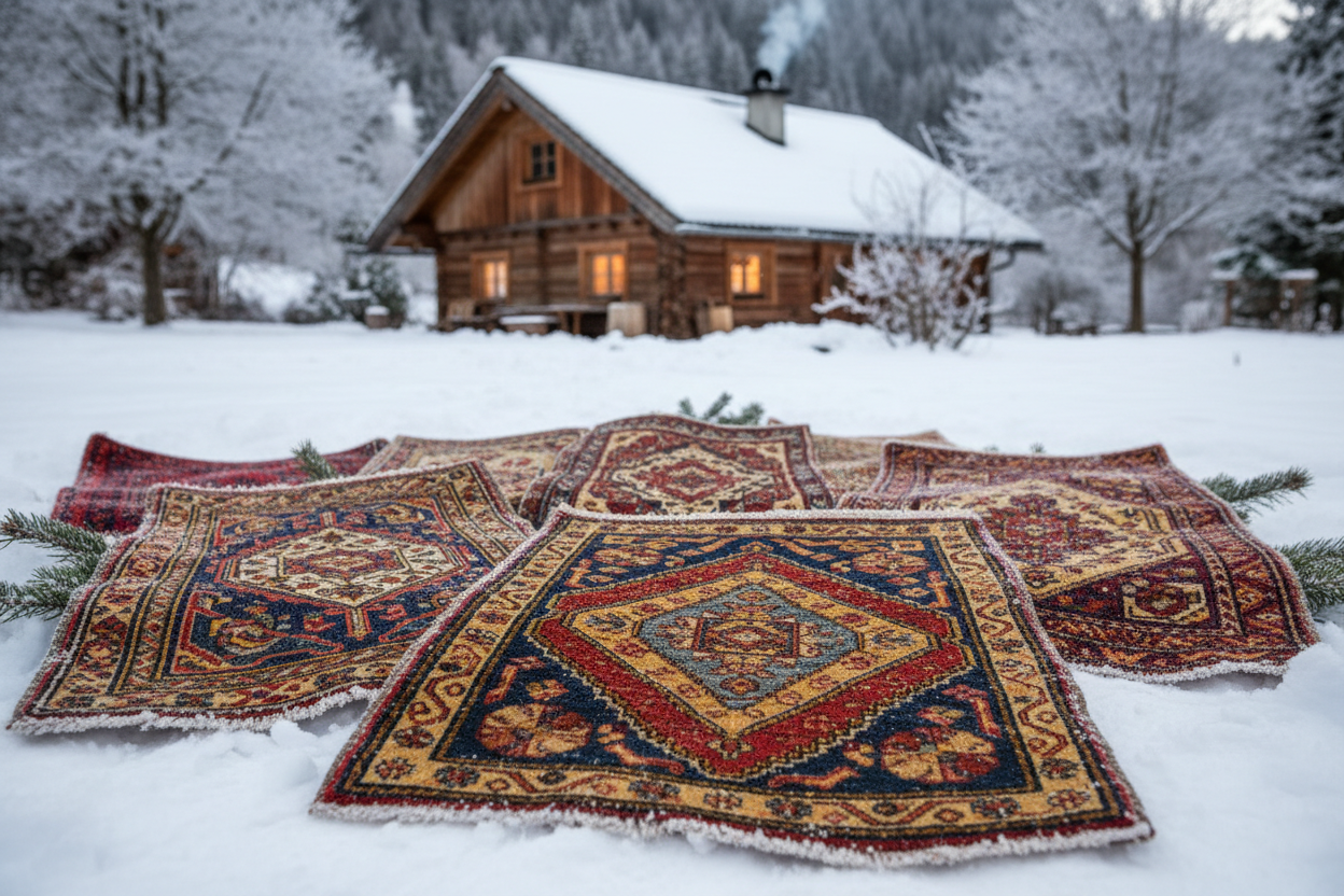 Alfombras en un jardin con nieves con visas a un chatel de fondo. Close shot de las alfombras.
