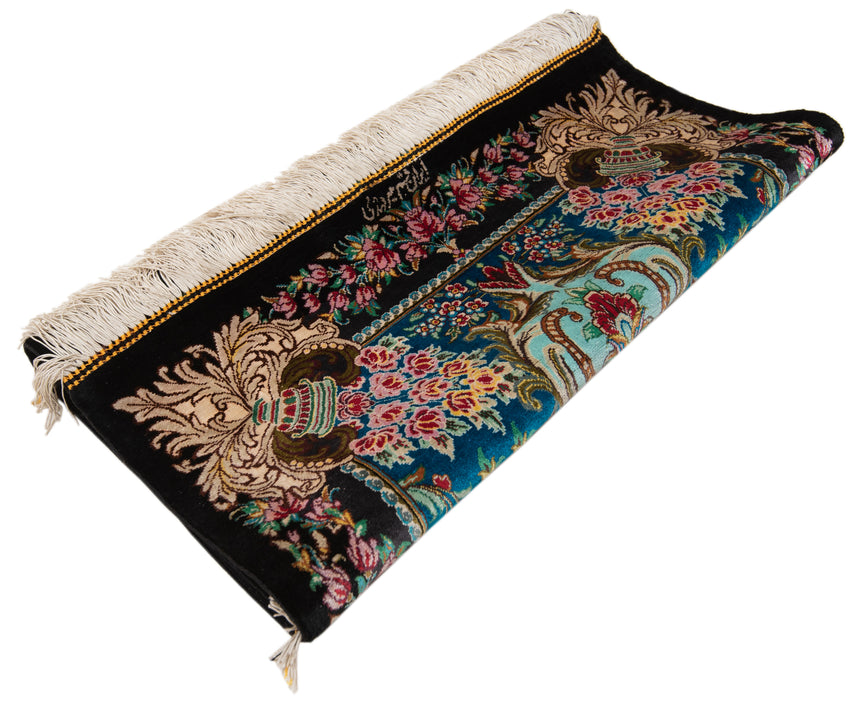 Alfombra persa de seda pura Qom | 88 x 61 cm