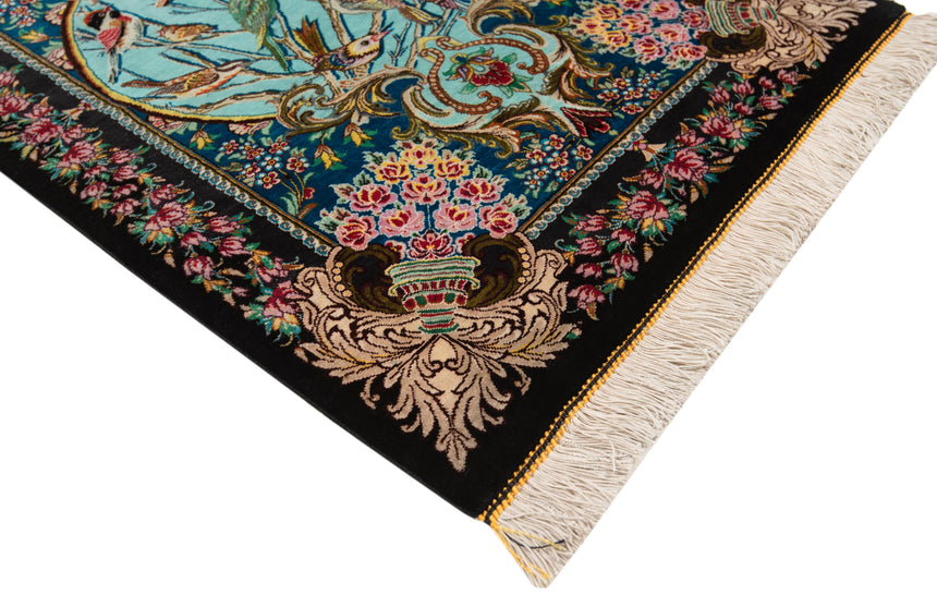 Alfombra persa de seda pura Qom | 88 x 61 cm
