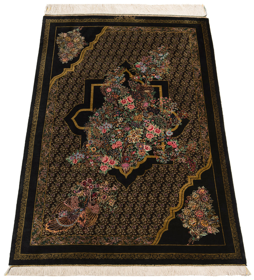 Alfombra persa de seda pura Qom | 118 x 79 cm