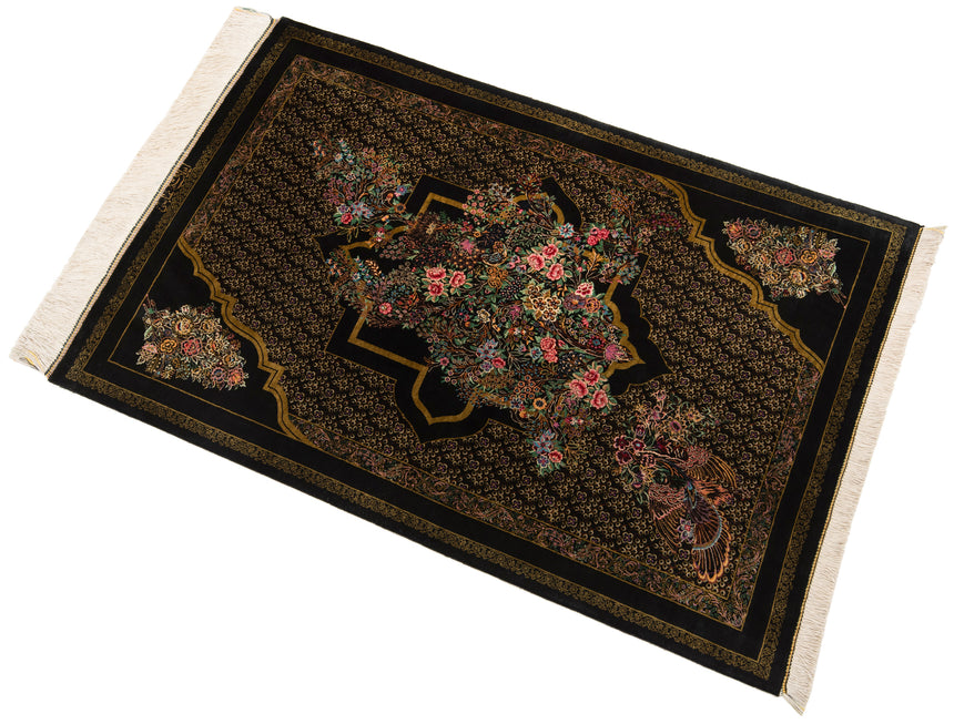 Alfombra persa de seda pura Qom | 118 x 79 cm
