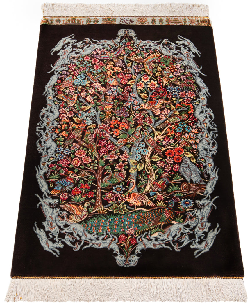 Alfombra persa de seda pura Qom | 92 x 61 cm