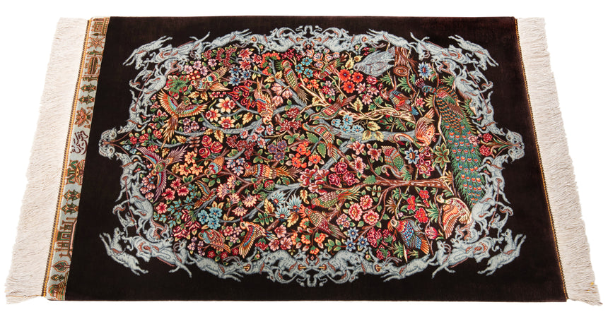 Alfombra persa de seda pura Qom | 92 x 61 cm