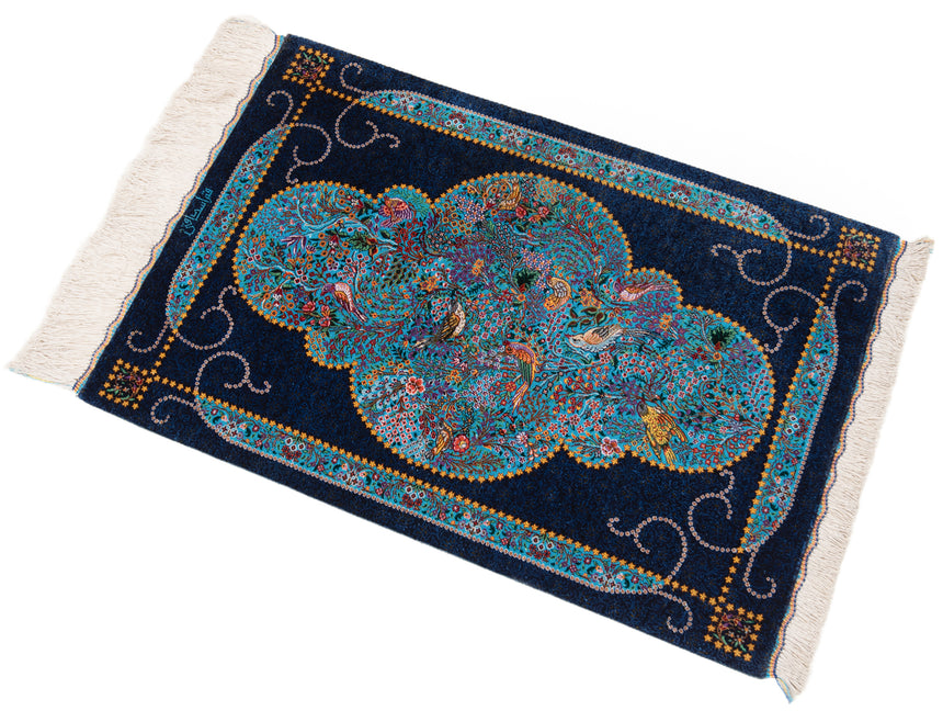 Alfombra persa de seda pura Qom | 86 x 59 cm