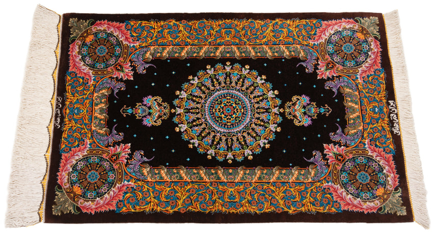 Alfombra persa de seda pura Qom | 86 x 57 cm