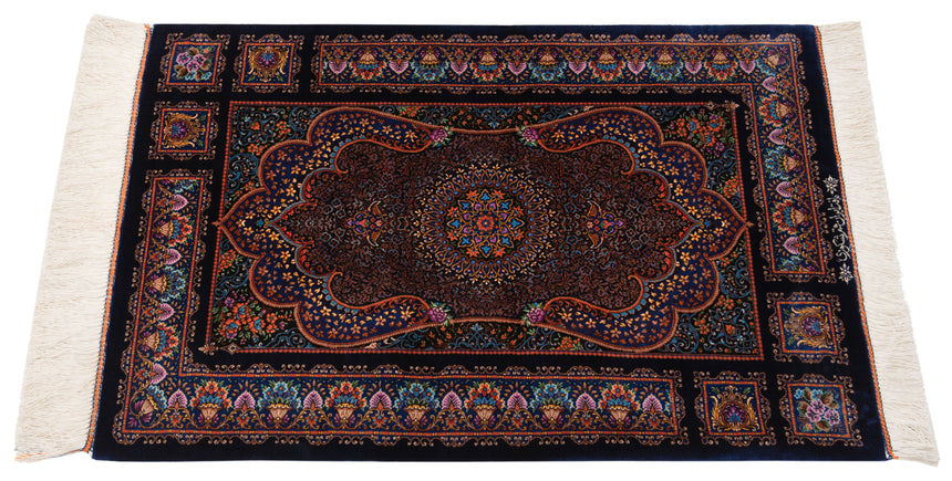 Alfombra persa de seda pura Qom | 90 x 59 cm