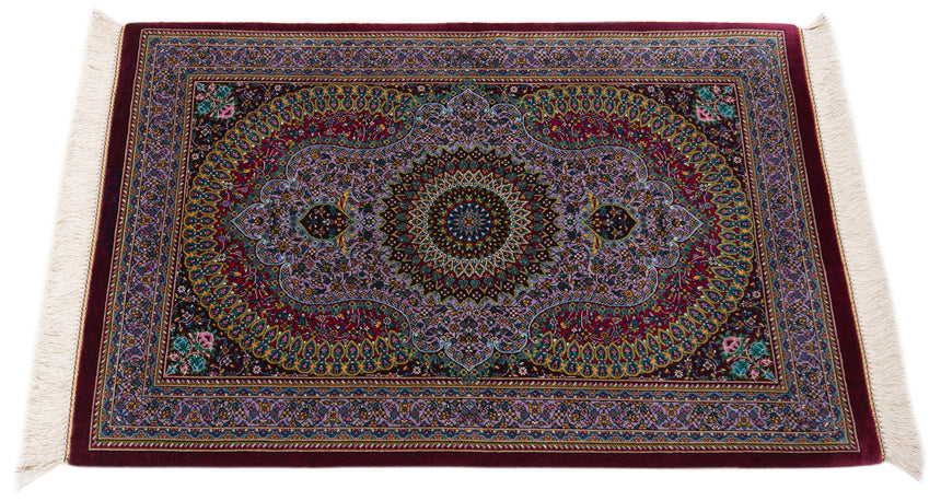 Alfombra persa de seda pura Qom | 88 x 58 cm