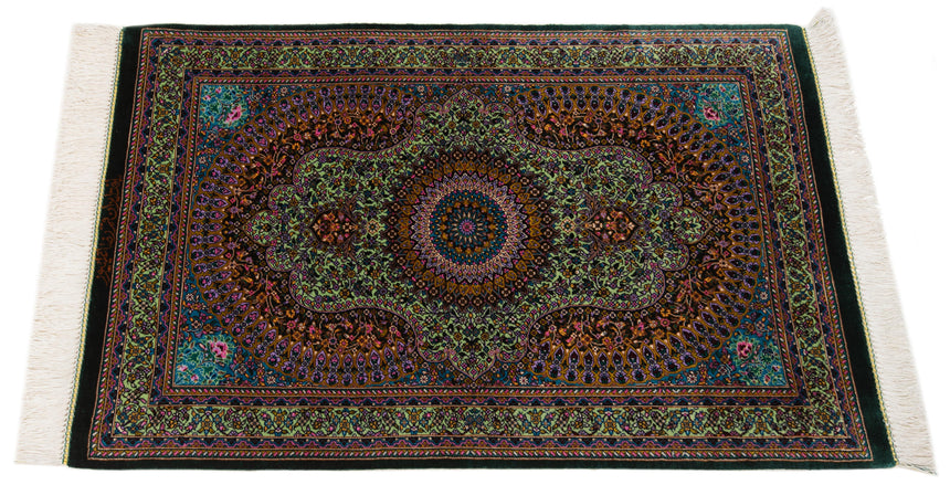 Alfombra persa de seda pura Qom | 87 x 57 cm