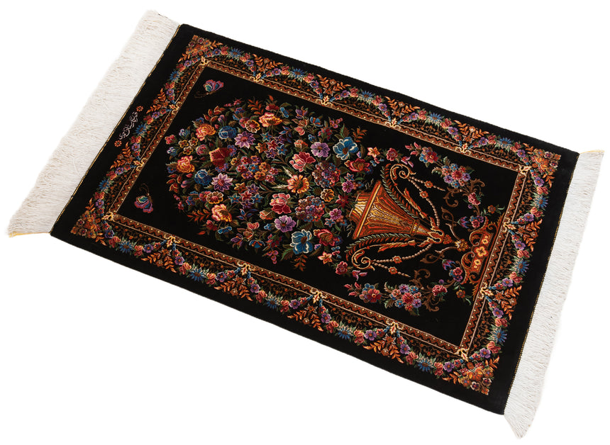 Alfombra persa de seda pura Qom | 57 x 92 cm