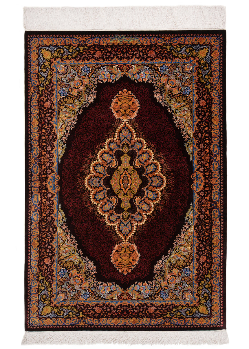 Alfombra persa de seda pura Qom | 121 x 82 cm