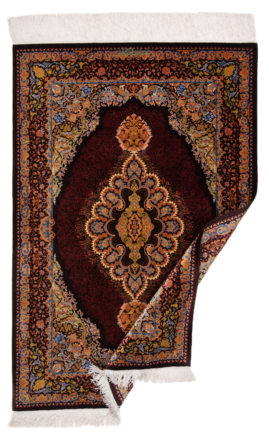 Alfombra persa de seda pura Qom | 121 x 82 cm