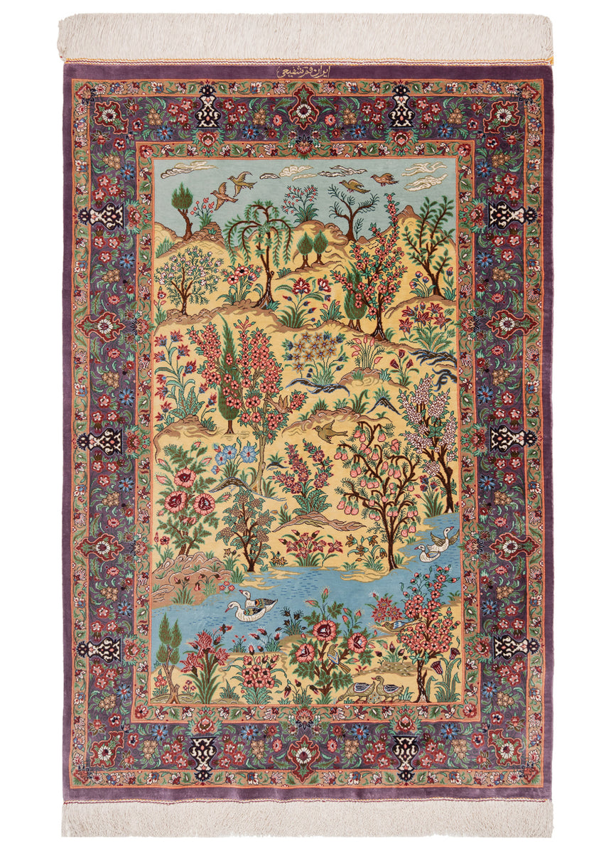 Alfombra persa de seda pura Qom | 116 x 78 cm