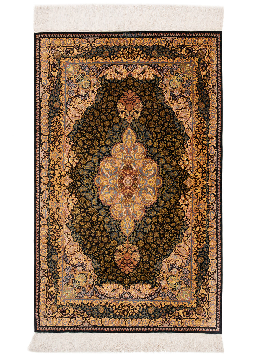 Alfombra persa de seda pura Qom | 121 x 70 cm