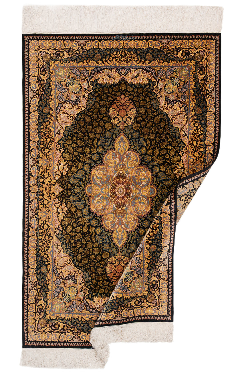 Alfombra persa de seda pura Qom | 121 x 70 cm