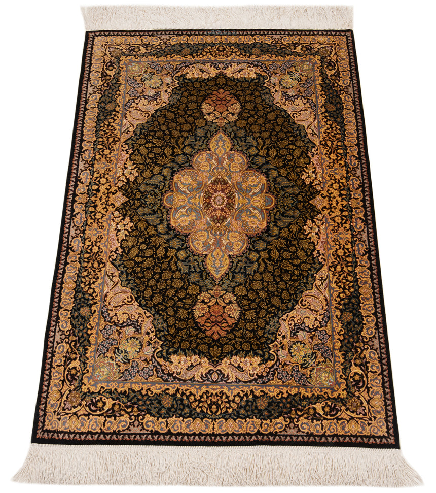 Alfombra persa de seda pura Qom | 121 x 70 cm